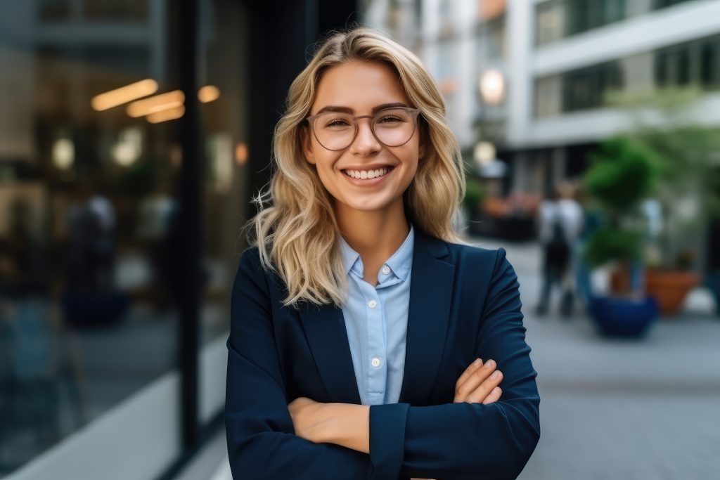 Portrait of a smiling young professional woman with her arms crossed with buildings blurred in the background.